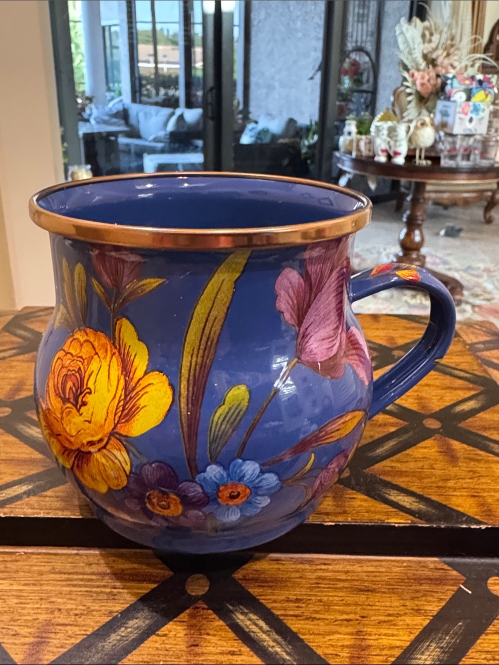 MacKenzie-Childs Royal Blue Floral Mug with Gold Trim